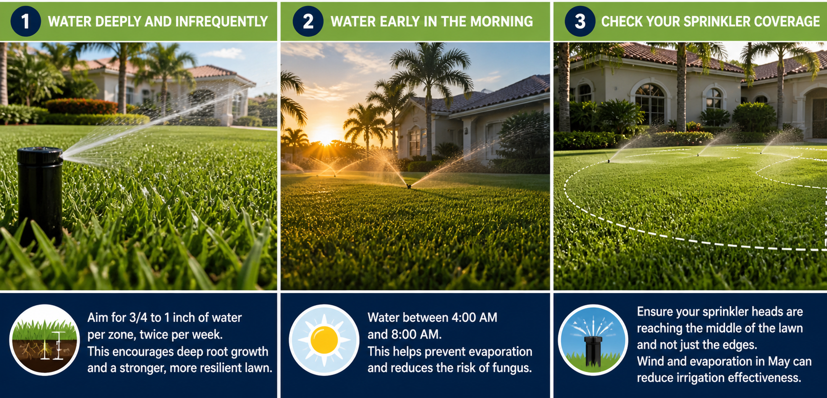 Lawn watering guidelines in Weston Florida showing sprinkler coverage and early morning irrigation