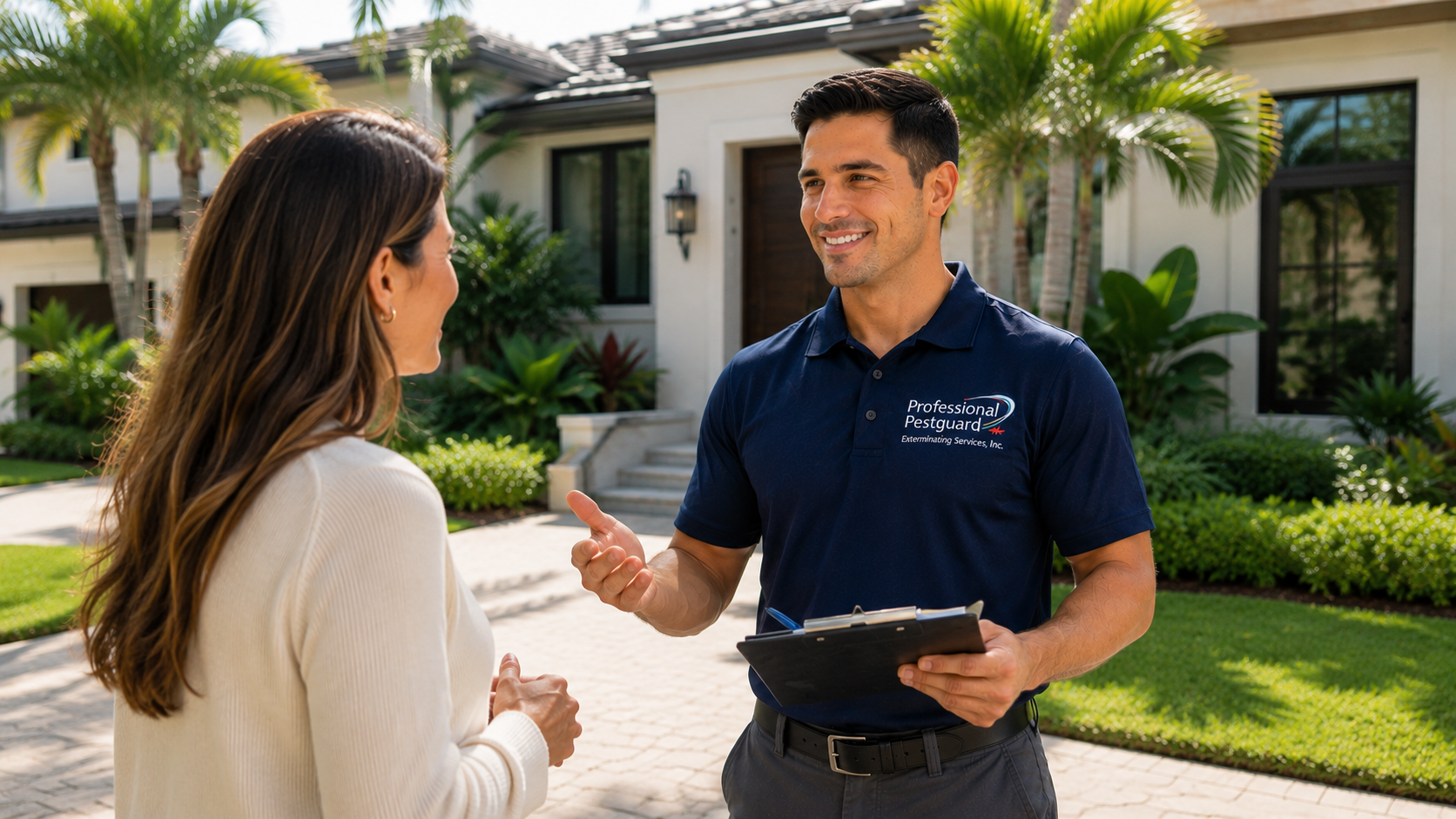 Pest control technician speaking with homeowner in South Florida