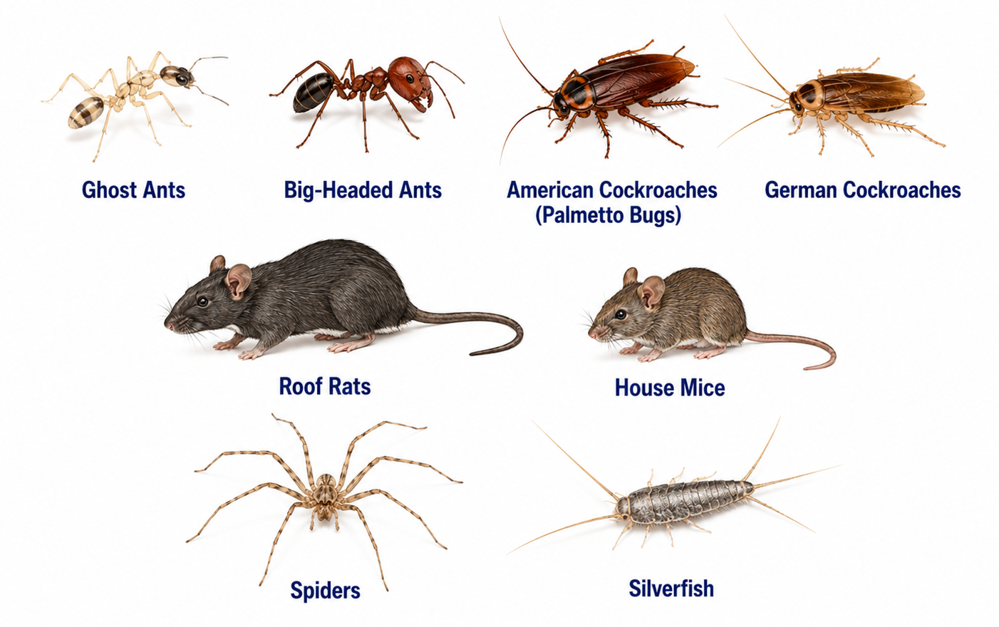 Infographic of common pests found in Weston, Florida homes.