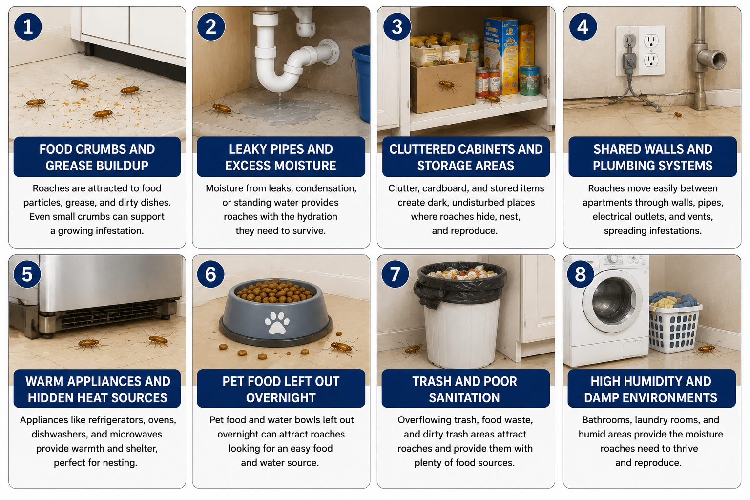 German roach attractants in apartment buildings including crumbs, moisture, and clutter
