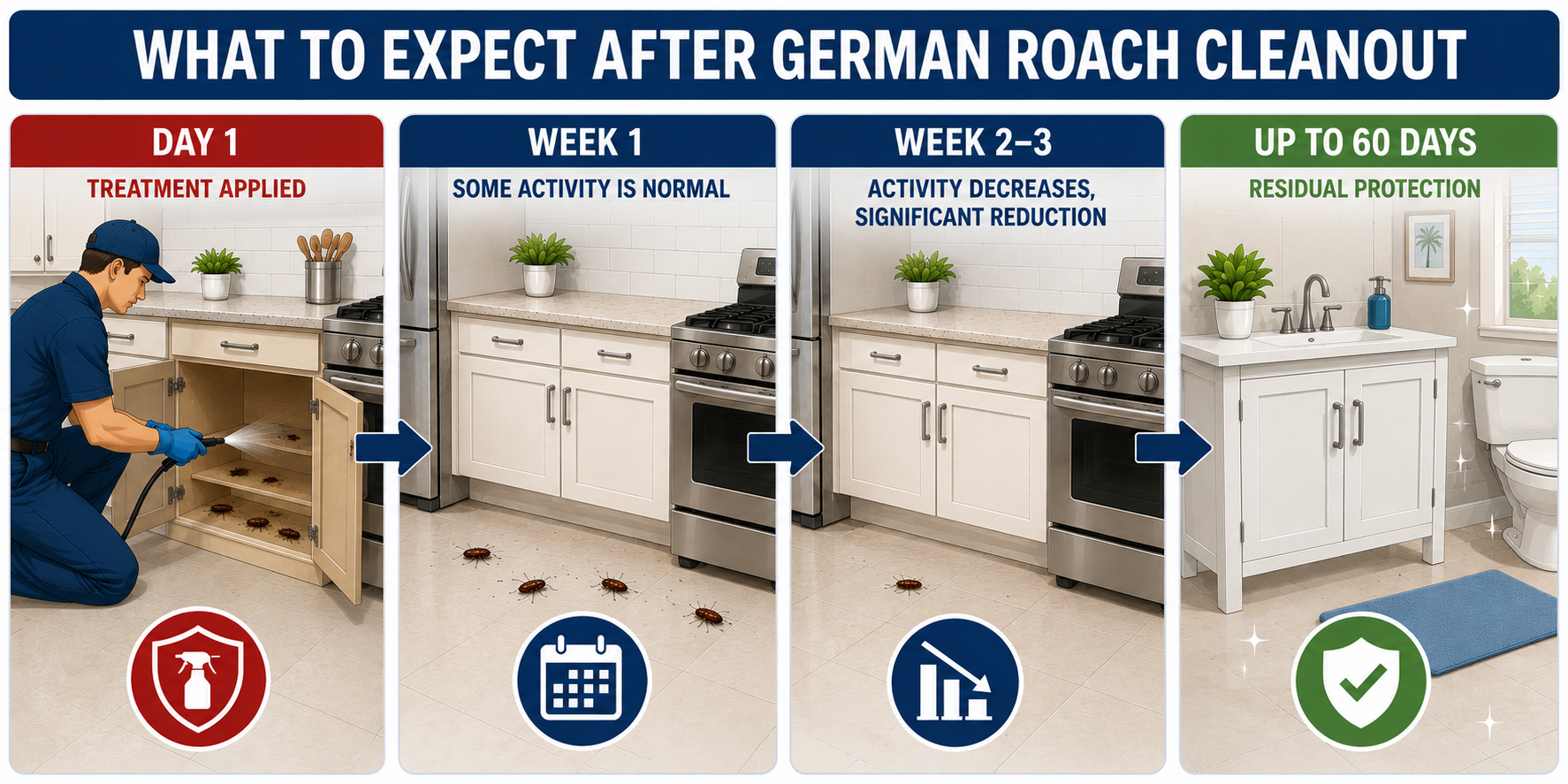 German roach cleanout treatment timeline illustration