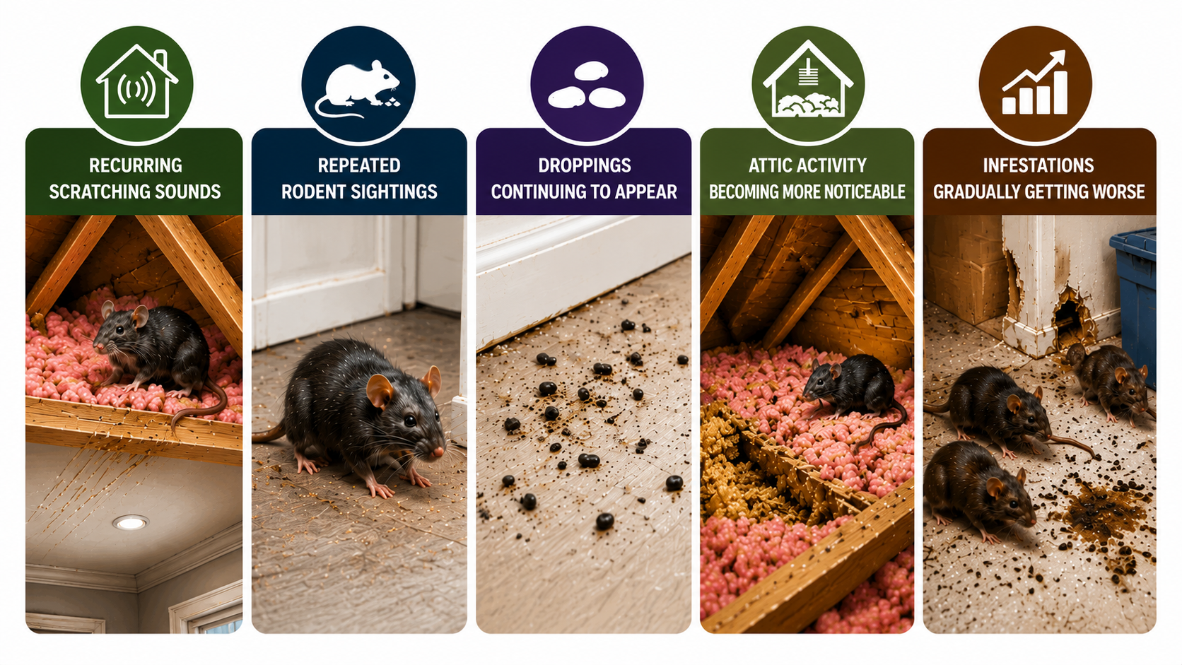 Illustration showing warning signs that indicate it is time to call a professional rodent control company