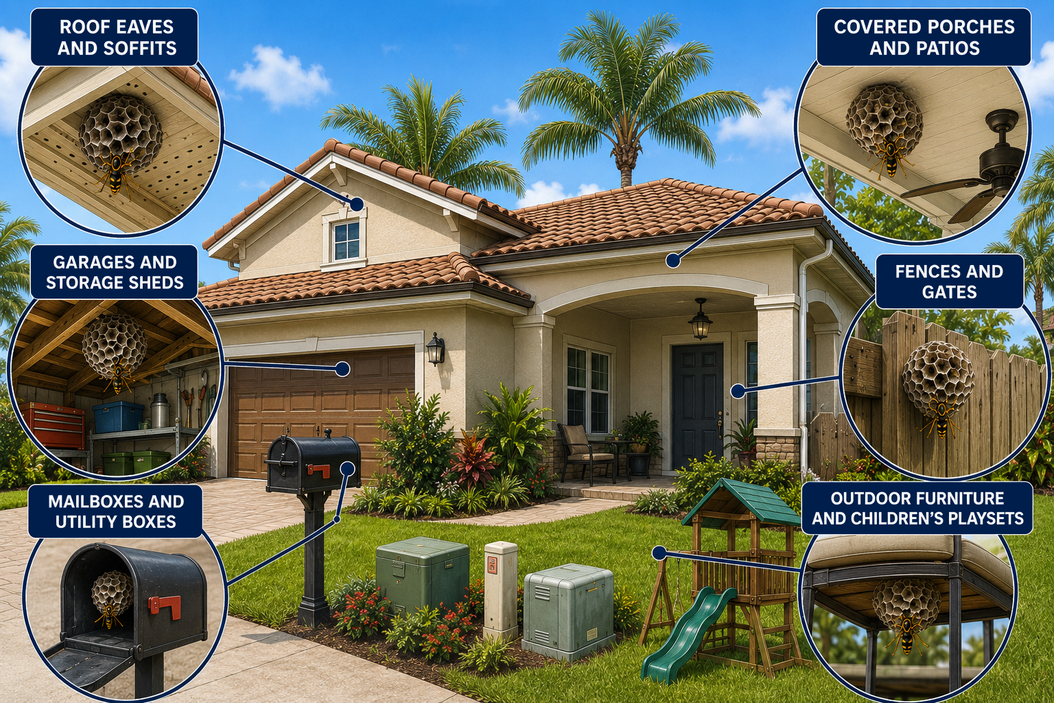 Illustration showing the most common places wasps build nests around South Florida homes