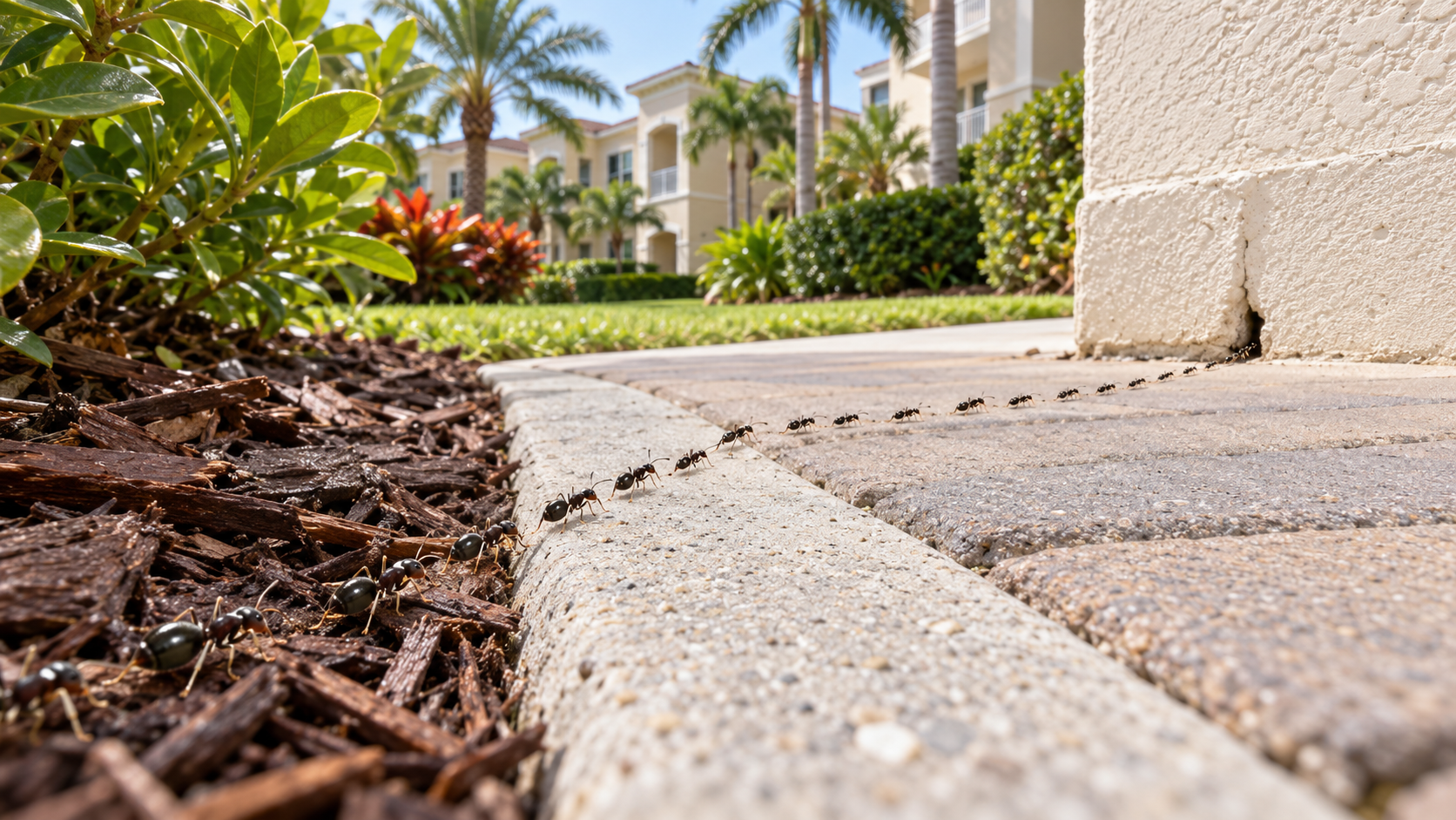White-footed ants trailing through a South Florida HOA landscape.