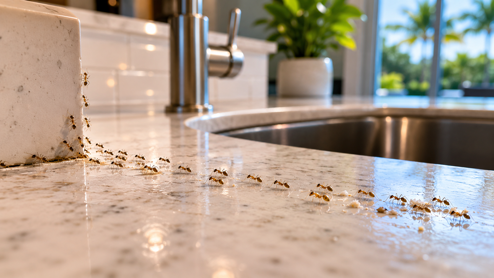Ghost ants on a modern kitchen counter near a sink.