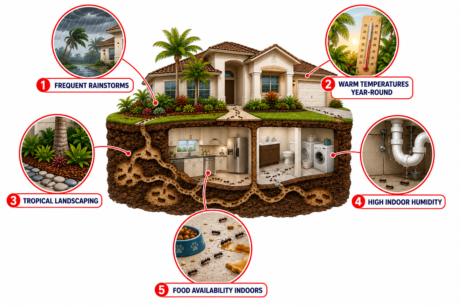 Illustration showing South Florida conditions that contribute to recurring ant infestations around homes.
