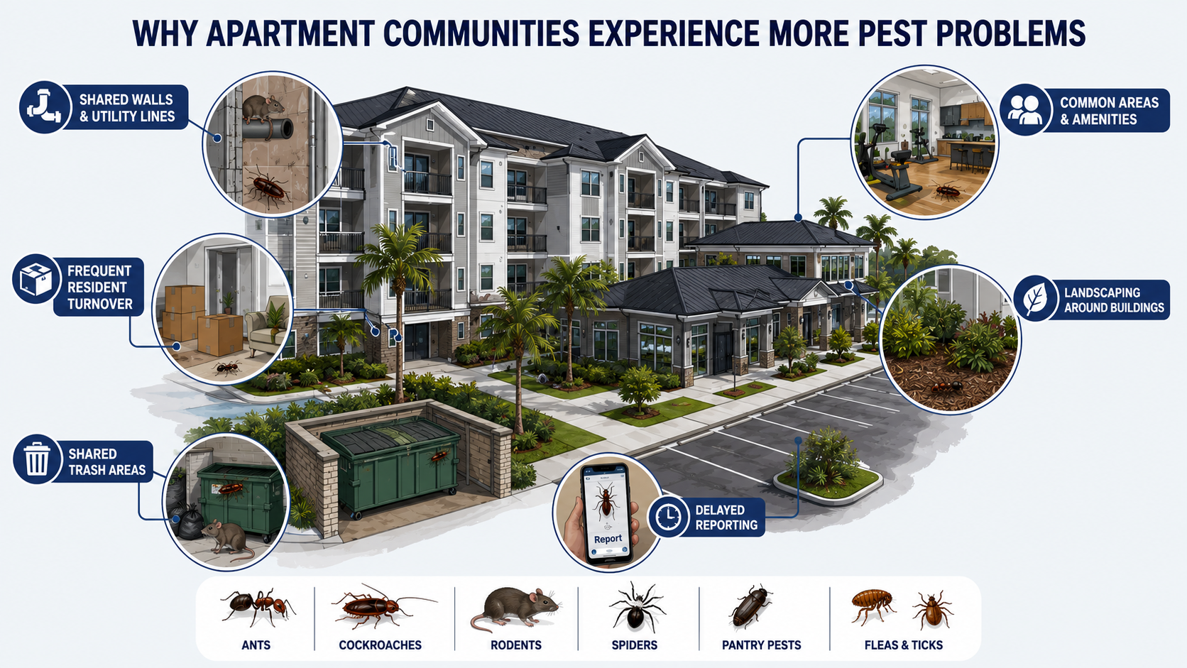 Illustration showing why apartment communities experience more pest problems.