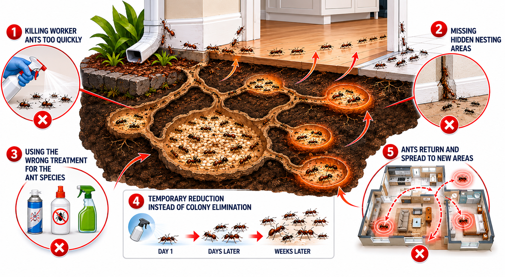 Illustration showing why DIY ant treatments fail to eliminate hidden ant colonies in Florida homes.