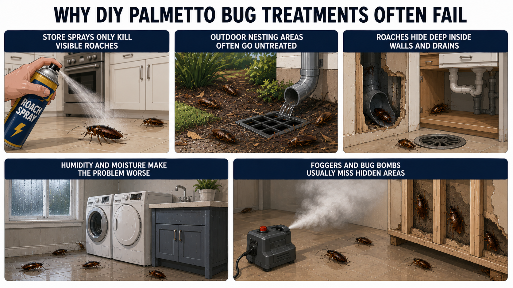 Illustration showing why DIY palmetto bug treatments often fail in South Florida homes