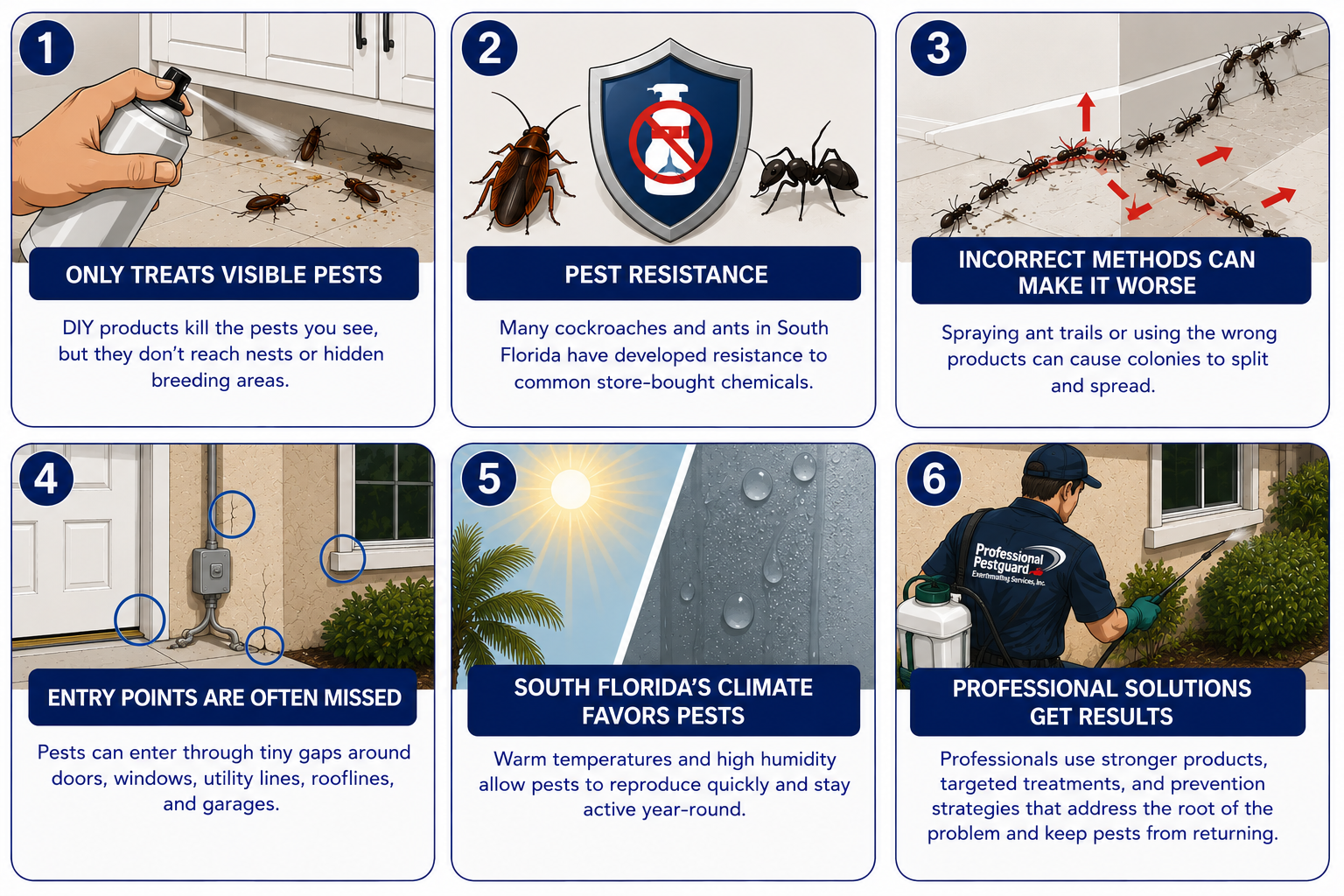Infographic explaining why DIY pest control treatments often fail in South Florida homes.