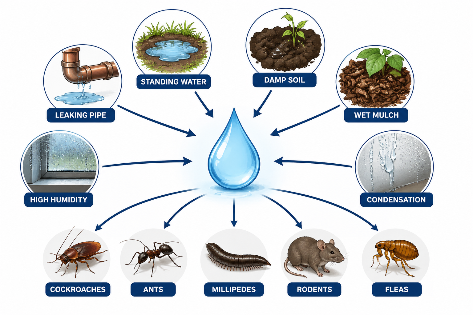 Illustration showing how moisture creates ideal conditions for common household pests