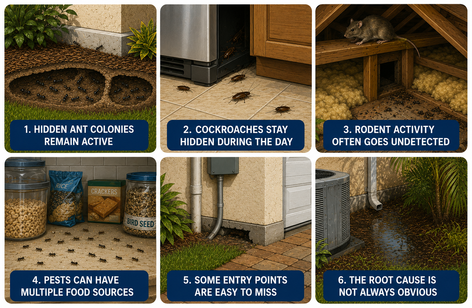 Illustration showing common reasons pests keep returning after prevention efforts