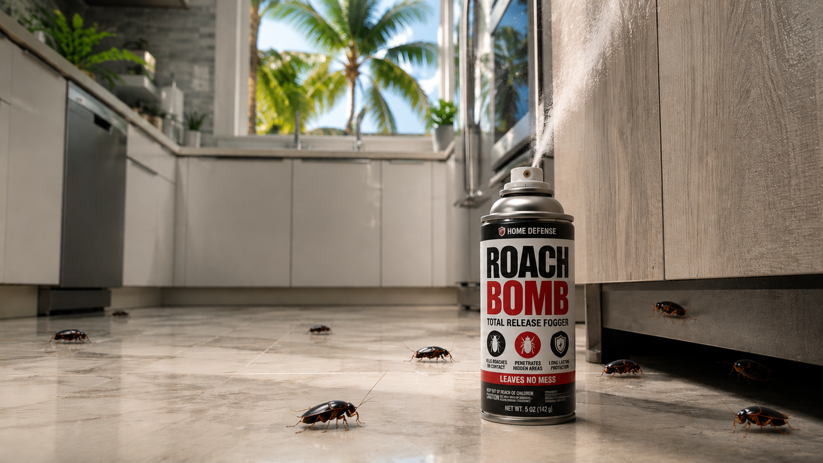 Roach bomb fogger in a South Florida kitchen with cockroaches remaining active after treatment