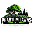 Phantom Lawns LLC logo with green trees, lawn mower, and phone number