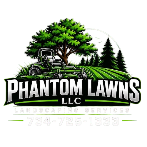 Phantom Lawns LLC logo with green trees, lawn mower, and phone number