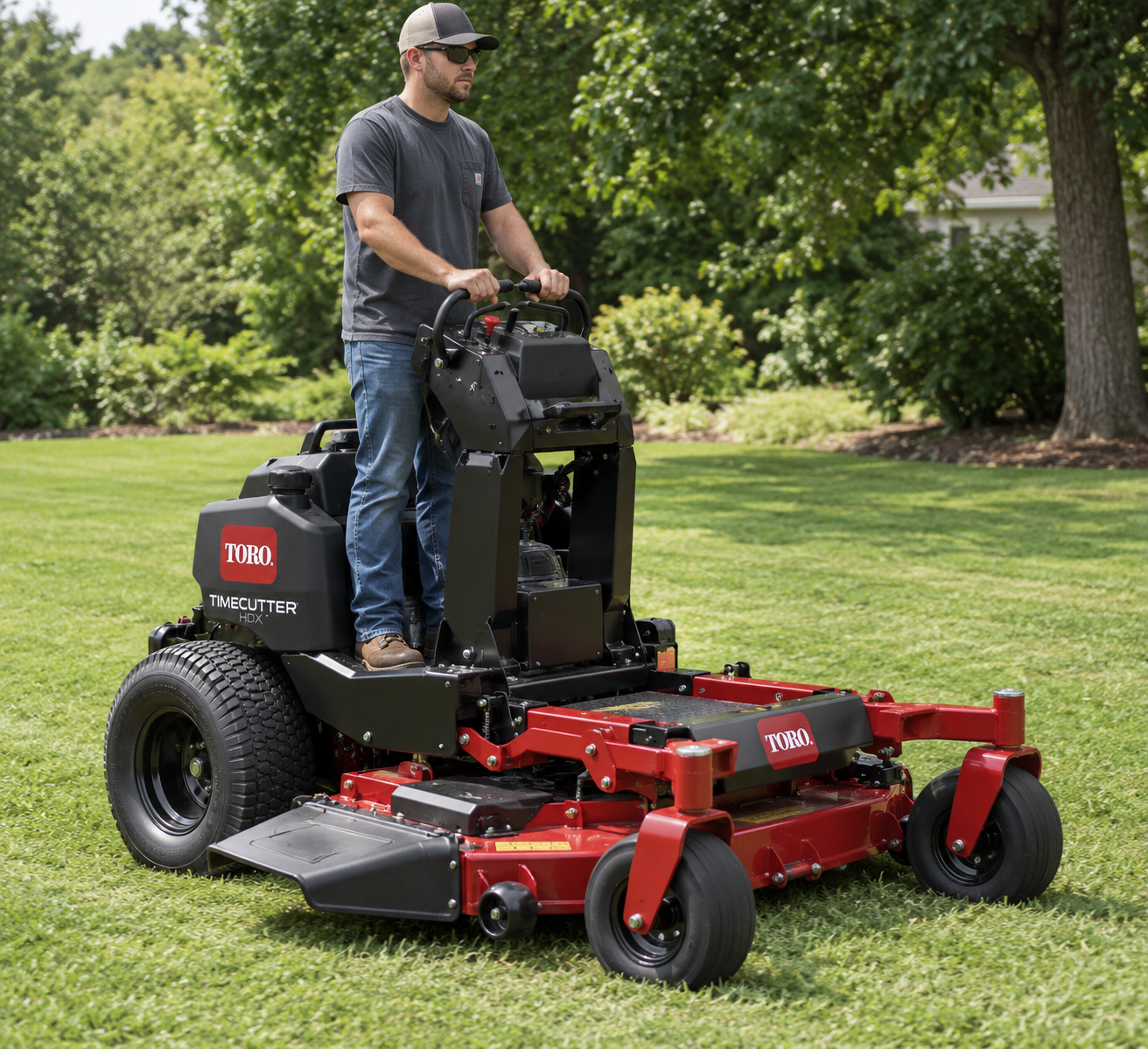 Man operating a red zero-turn lawn mower on a grassy lawn in a park-like setting