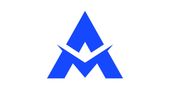 A blue triangle with a white m on a white background.