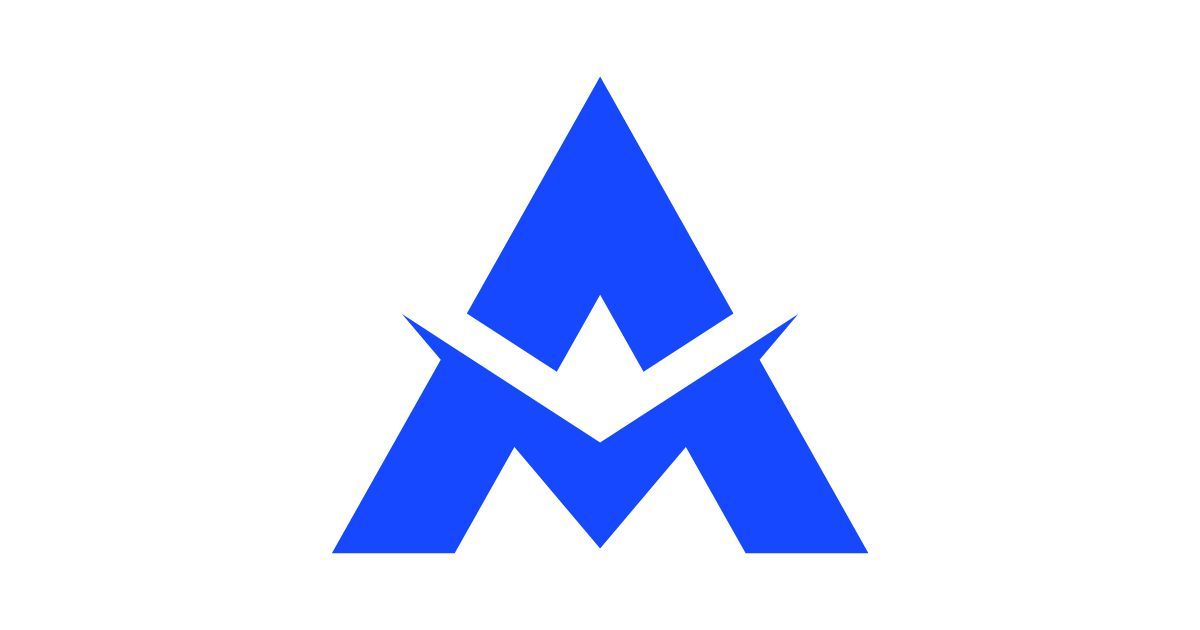 A blue triangle with a white m on a white background.