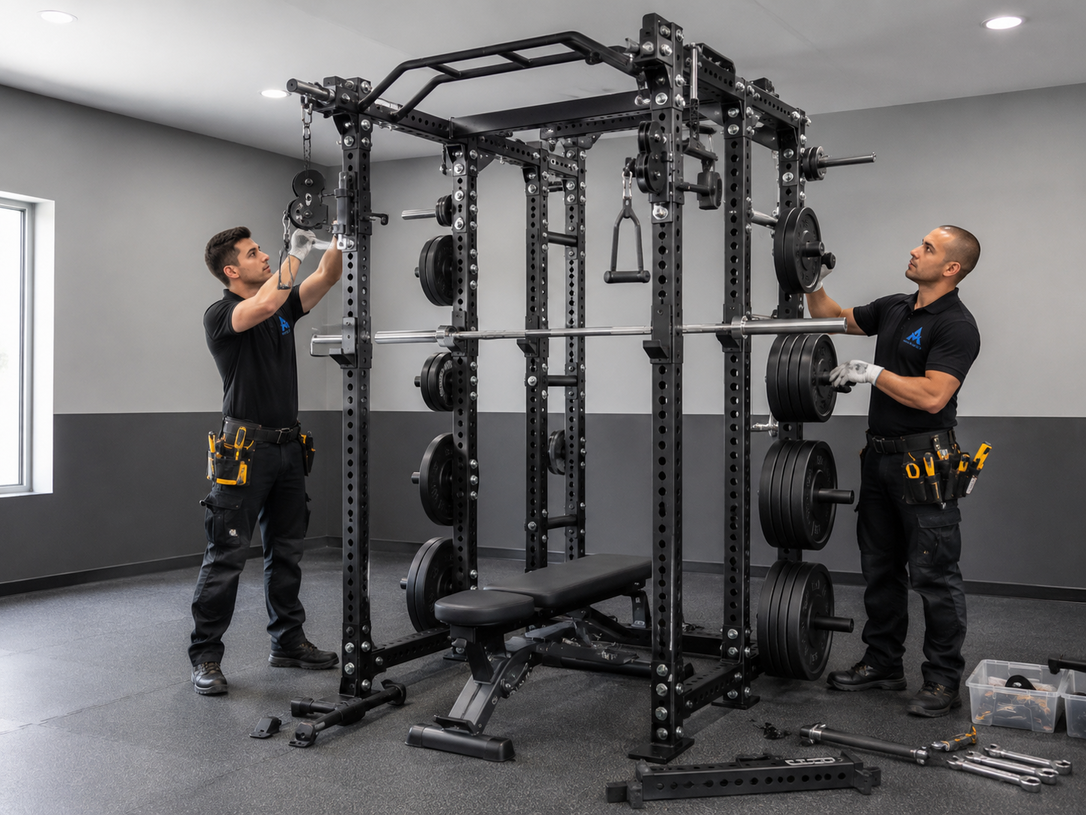 Two workers assembling a black modular gym rig in a gray room