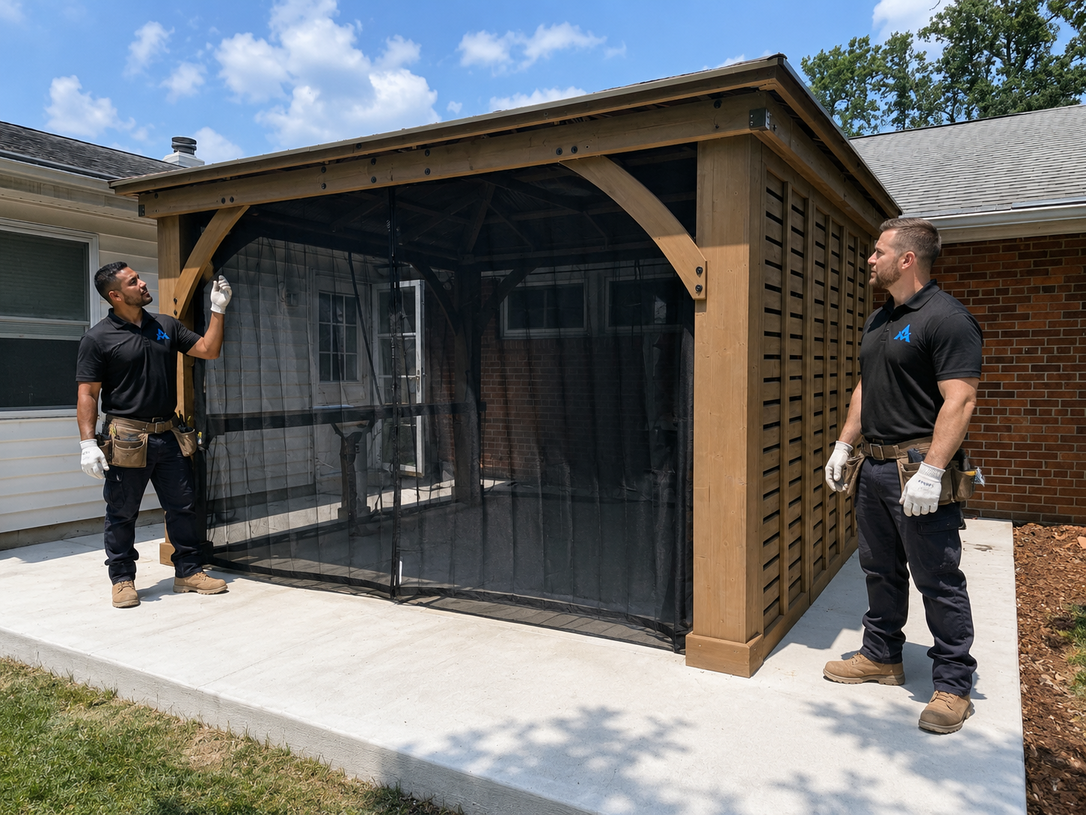 Two workers install a black pet enclosure on a patio beside a house.