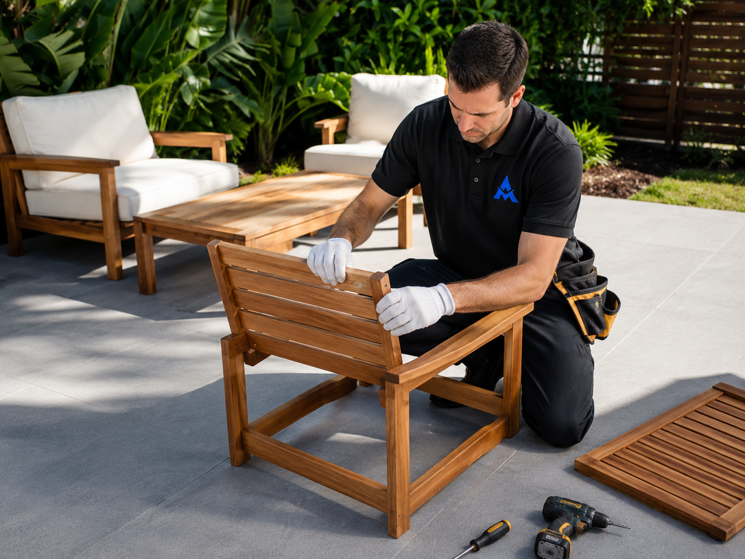 Worker assembling a wooden chair on a patio, with tools and chair parts nearby.