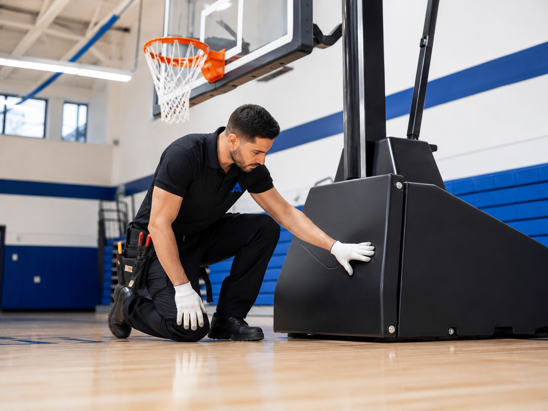 Worker in black shirt adjusts a basketball hoop base in a gym, wearing gloves and kneeling on the floor.