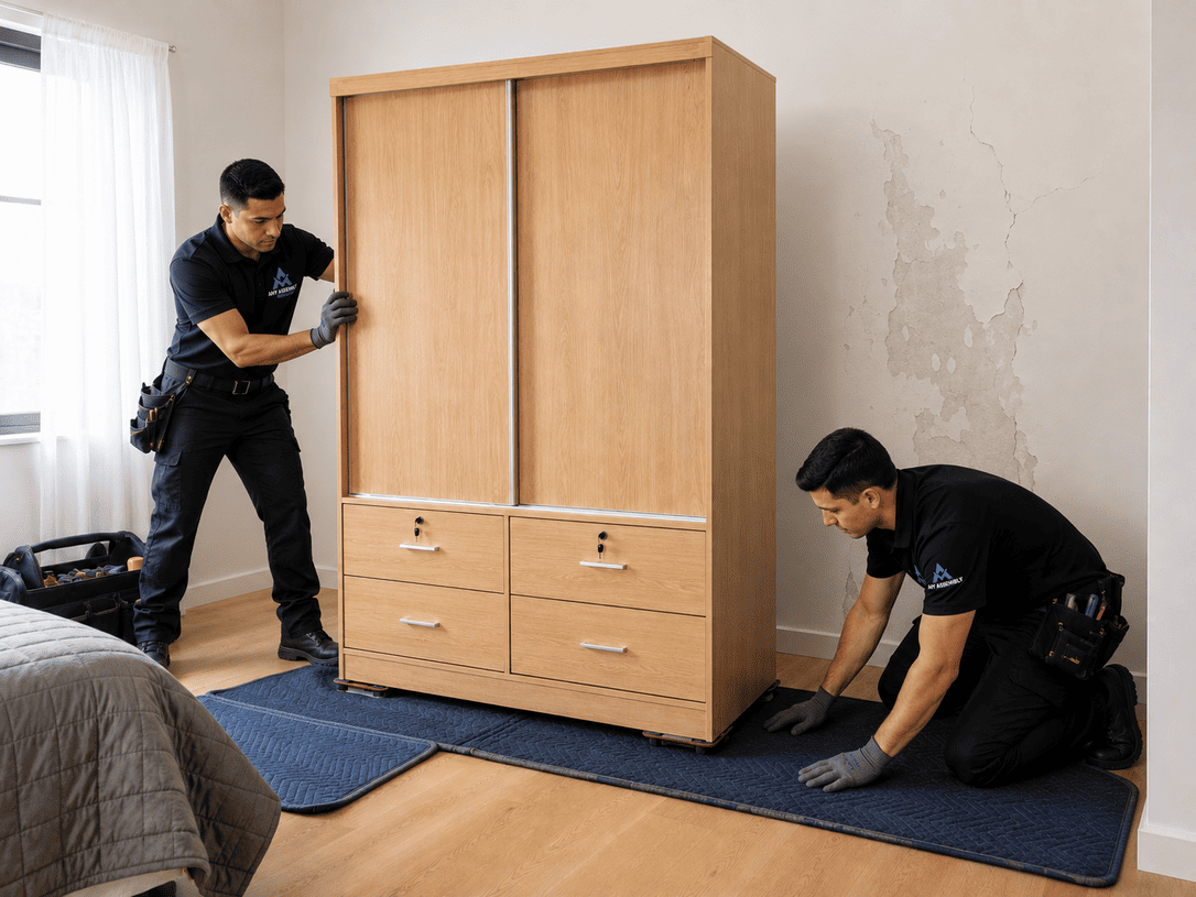 Two workers installing metal wall shelving in a white room, using power tools.