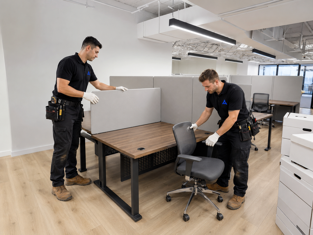 Two workers assembling office furniture in a bright workspace with a chair, desk, and storage cabinets.