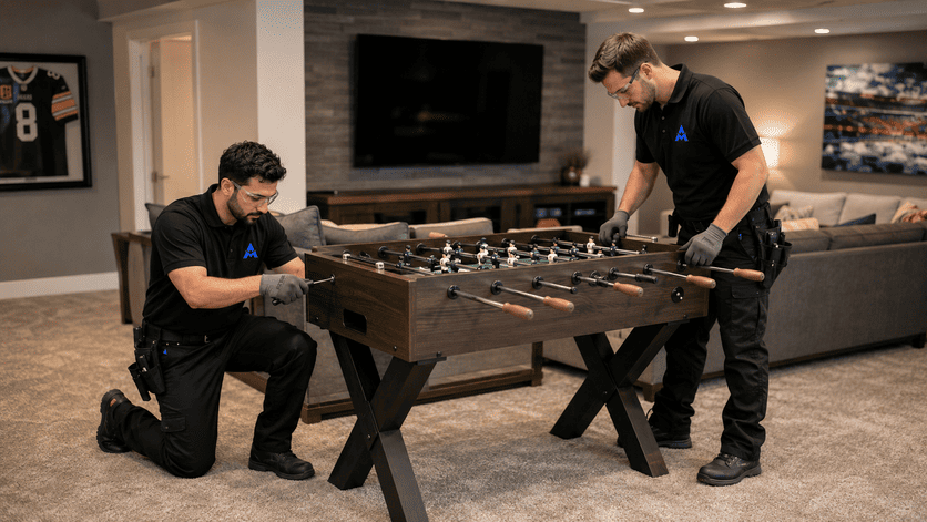 Two men playing foosball in a modern living room with a wall-mounted TV and couch nearby