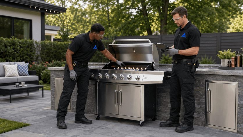 Two people grilling at a stainless steel outdoor barbecue in a modern backyard patio.