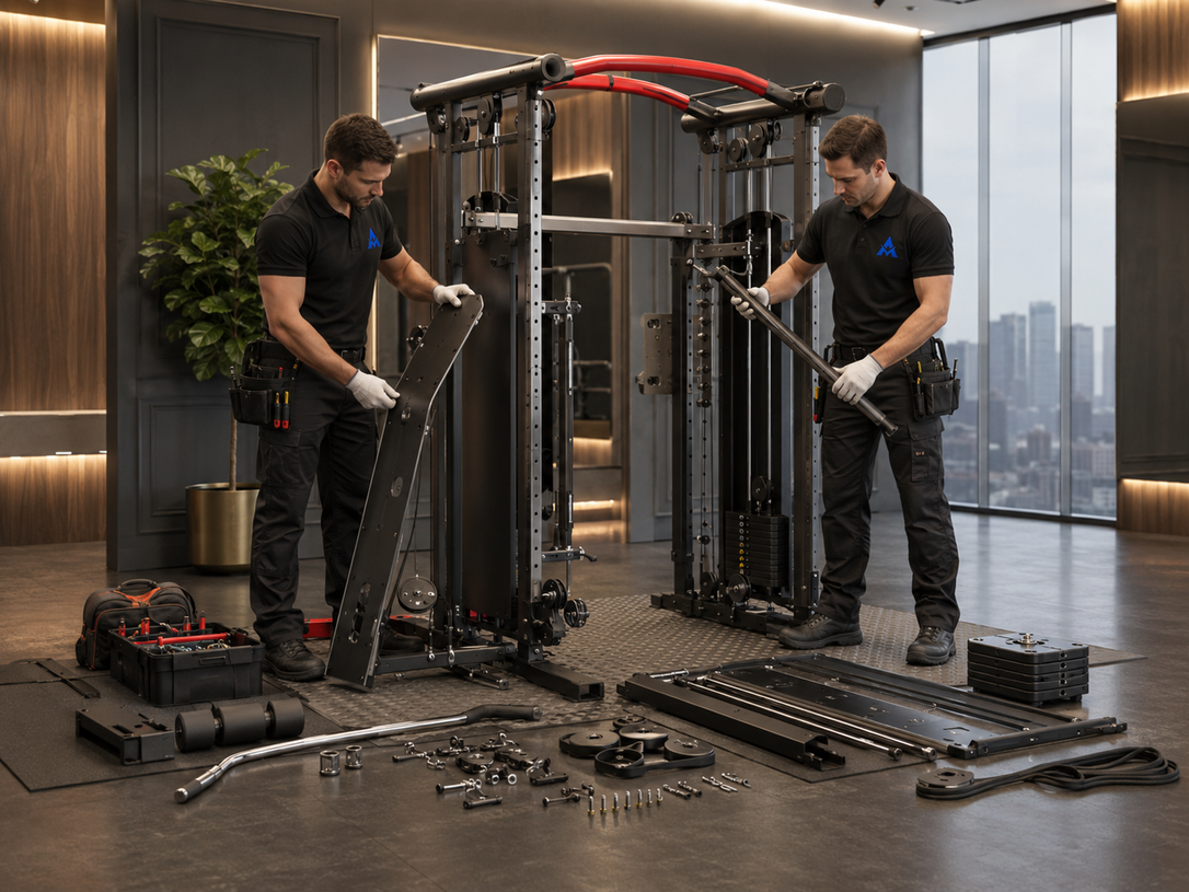 Two technicians assembling black equipment parts in a modern office with large windows