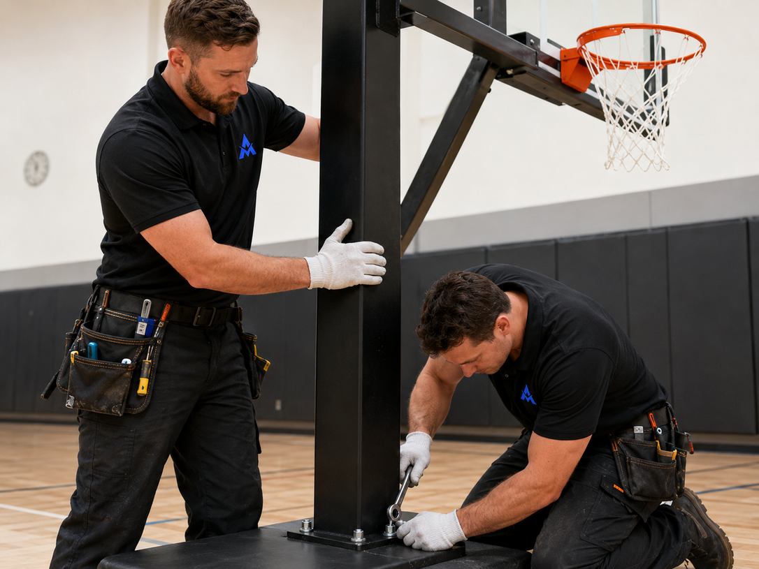 Two workers in black uniforms install a basketball hoop support pole indoors.