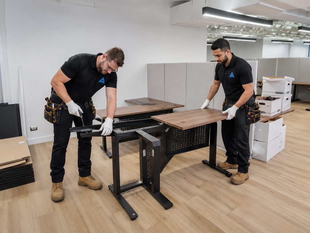 Two workers in black shirts moving stacked panels on a workbench in a warehouse-like room