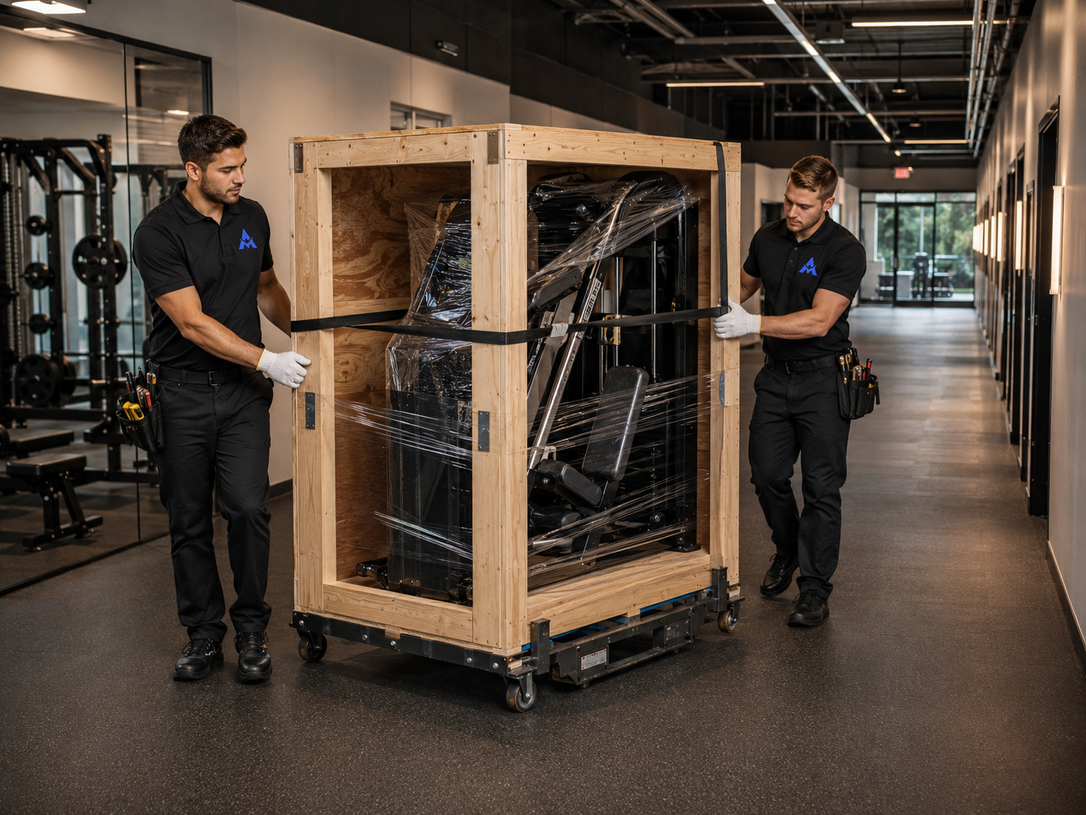 Two technicians wheeling a large wooden crate through a hallway, with wrapped equipment inside.