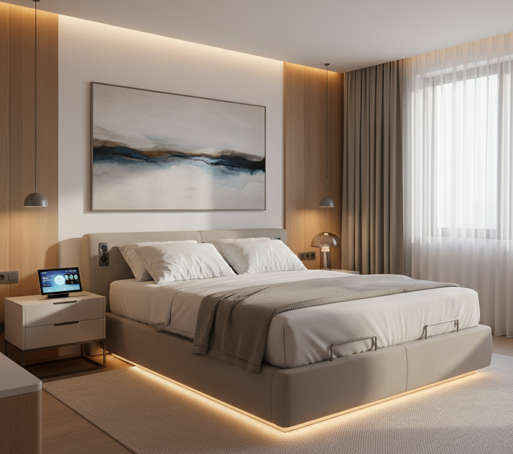 Modern bedroom with neutral tones. Bed with artwork, nightstands, window with curtains, and LED lighting.