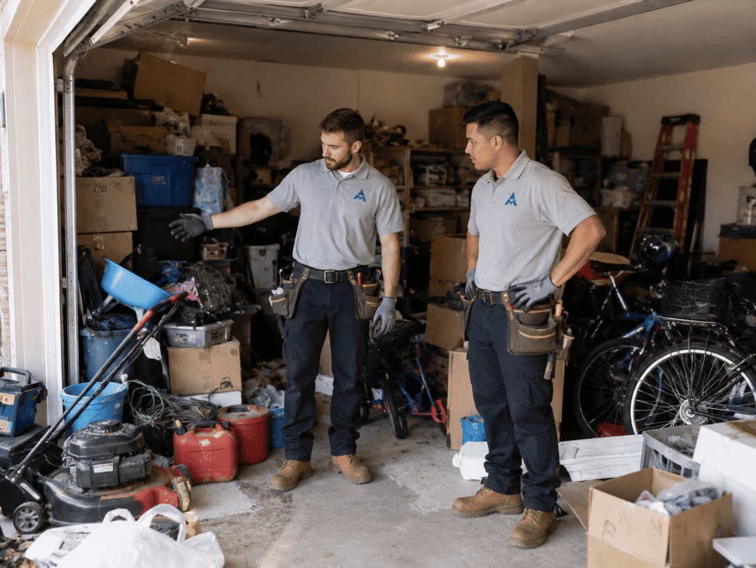 Two workers inspecting tools and equipment in a cluttered garage workshop