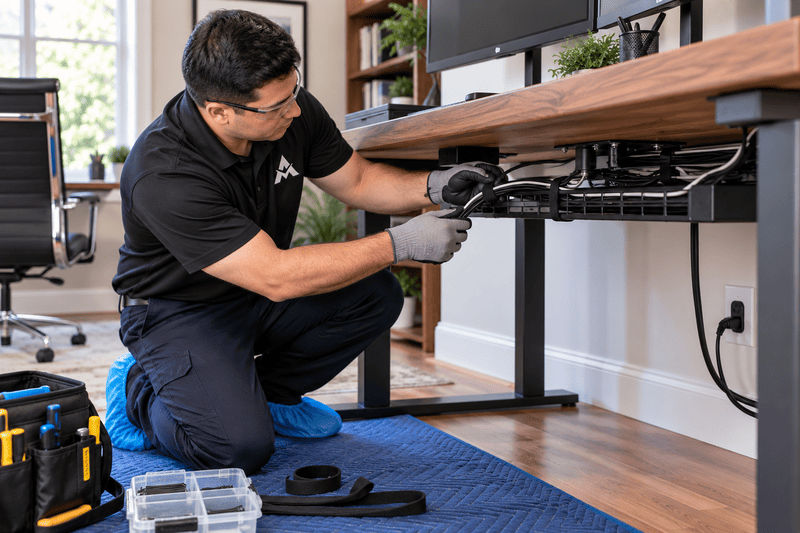 Technician crouching under a desk, adjusting cables and equipment in an office workspace
