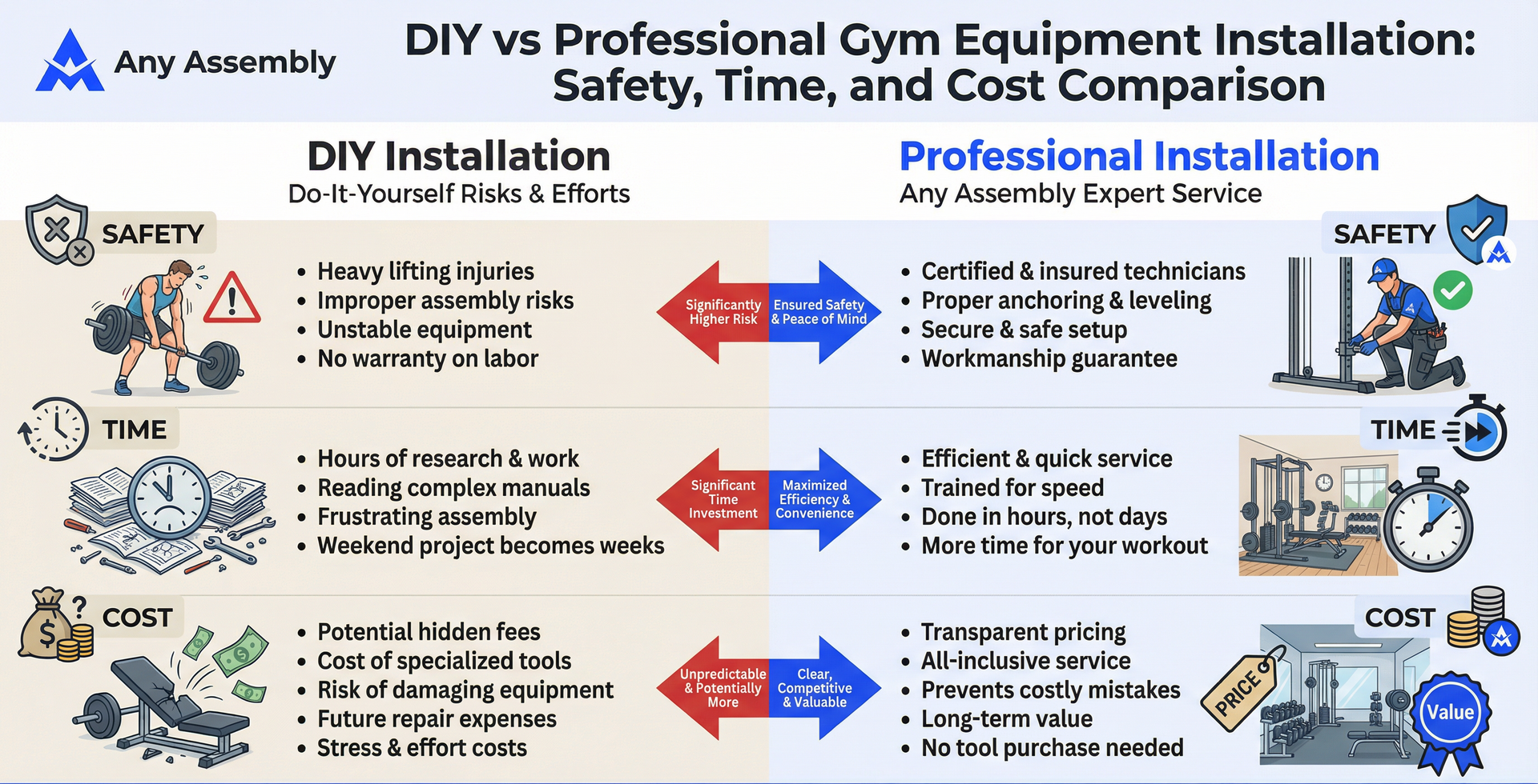 Infographic comparing DIY versus professional gym equipment installation across safety, time, and cost categories.
