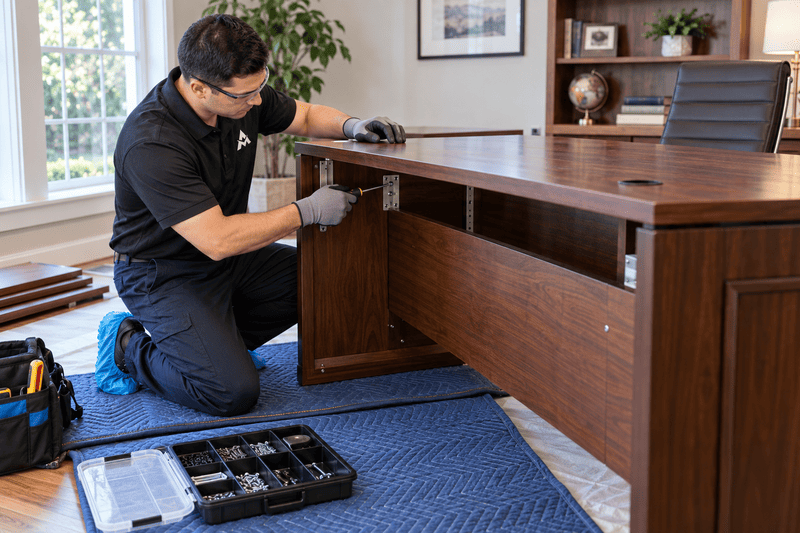 Technician in black uniform assembling a wooden desk in a living room with tools on a blue rug