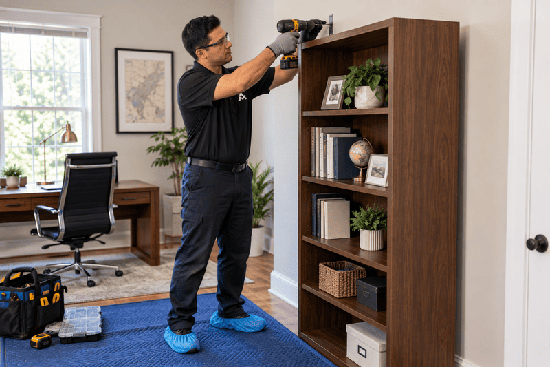 Person drilling a tall wooden bookshelf in a home office with tools on the floor