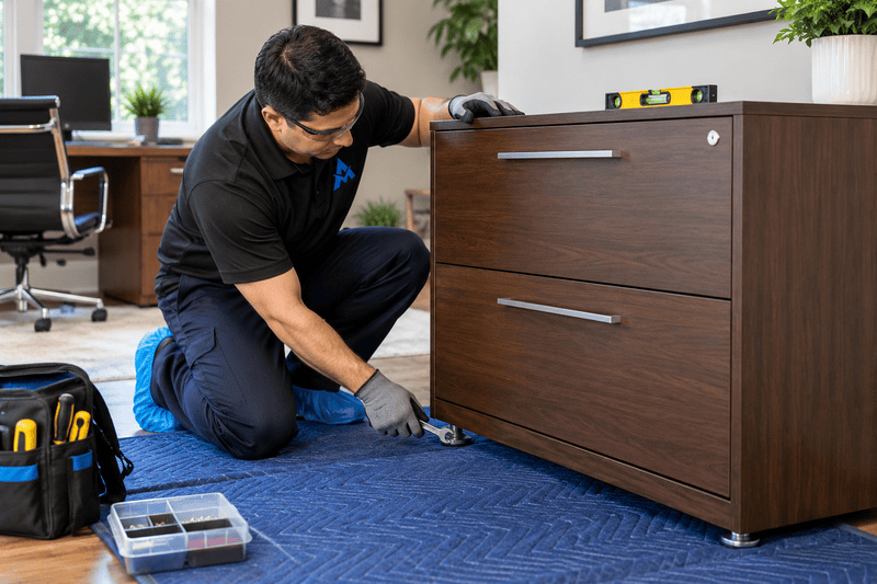 Technician kneeling on blue carpet repairing a brown dresser with tools nearby in a home office