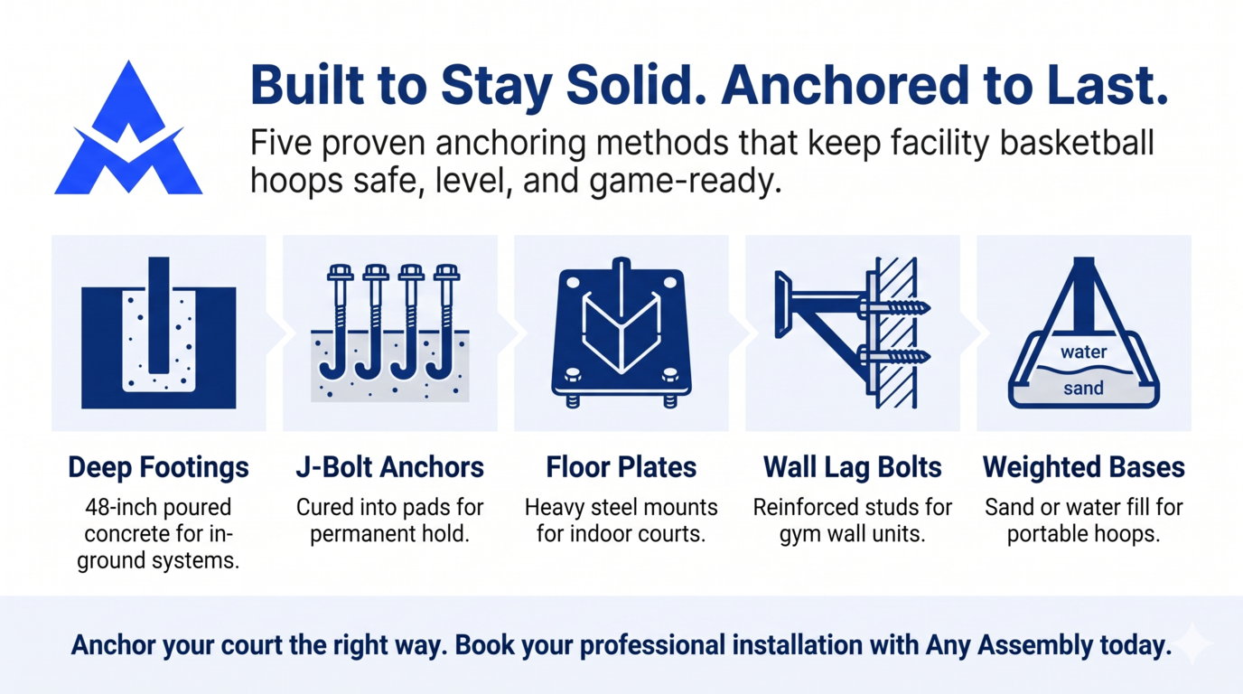 Blue-and-white flyer: “Built to Stay Solid. Anchored to Last.” basketball hoop anchoring services and product icons