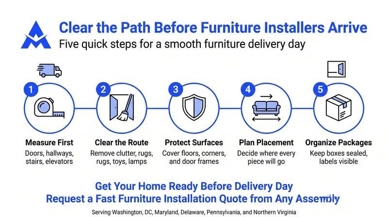 Five quick tips for a smooth furniture delivery day with blue icons and clear installation steps