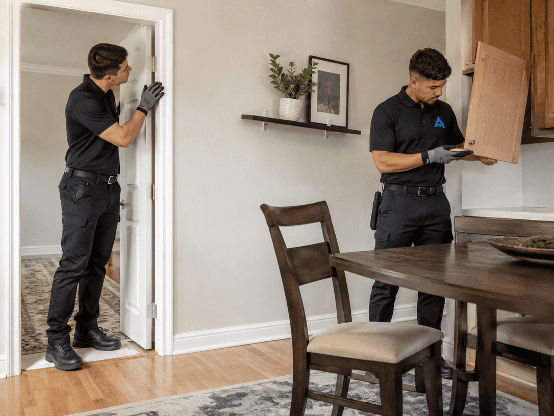 Two workers in dark uniforms inspect a doorway and wall in a dining room.