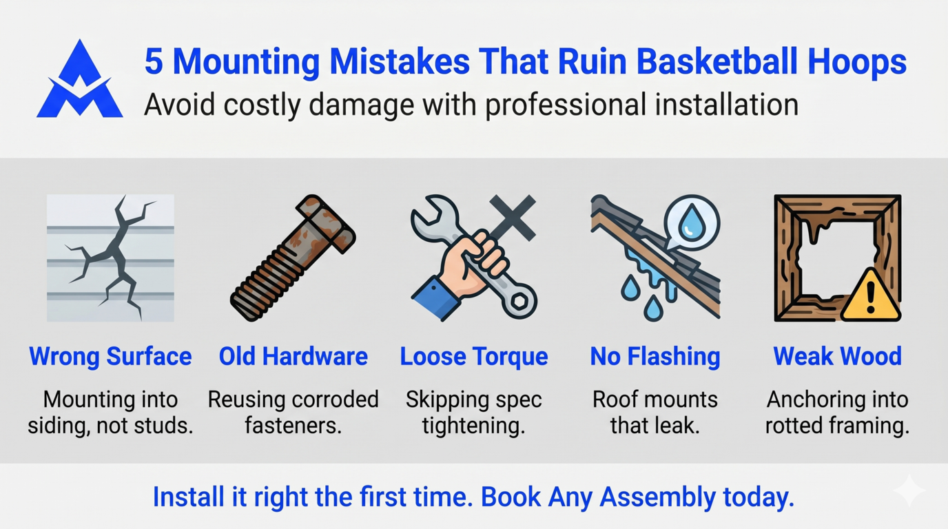 Infographic: 5 mounting mistakes that ruin basketball hoops, with icons and brief tips to avoid damage.