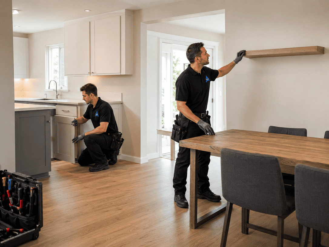 Two workers installing shelves and cabinets in a bright kitchen and dining area