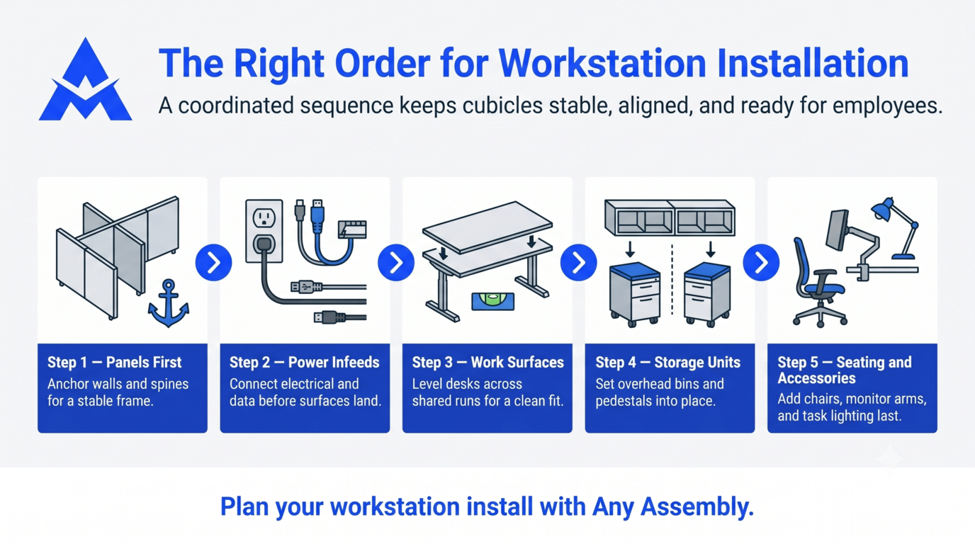 Blue infographic showing the right order for workstation installation with five assembly steps.