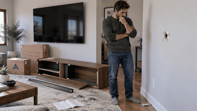 Man standing in a living room, looking at a damaged wall with drywall debris on the floor.