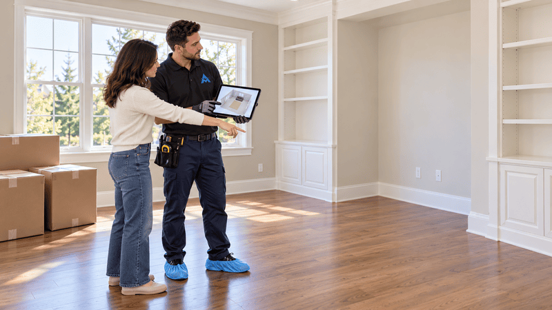Two people inspecting a room with a tablet in a bright, empty house after moving in