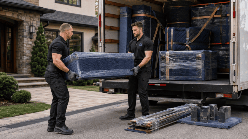 Two movers unloading wrapped furniture from a truck into a driveway outside a house